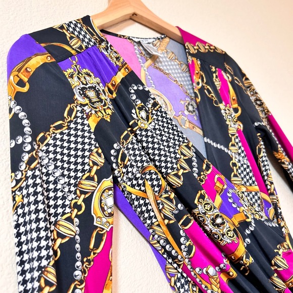 Cache Size XS Shirt Baroque Chain Houndstooth Wrap Purple Pink Ruched Y2K Bratz - Picture 8 of 10